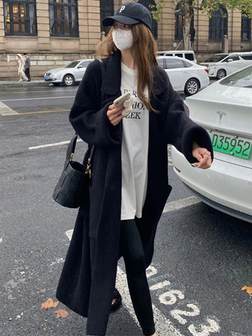 Getadme-Autumn Winter Cardigan Women Korean Fashion Knitted Sweater Female Elegant Loose Long Knitwear Coat Lady Vintage Lapel Cardigans